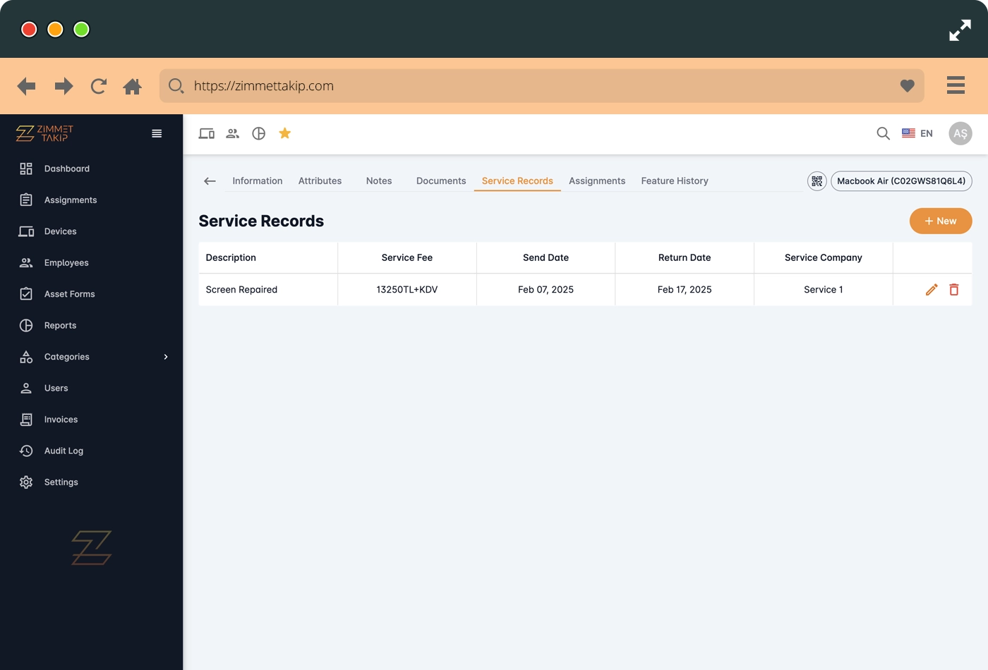feature device service record