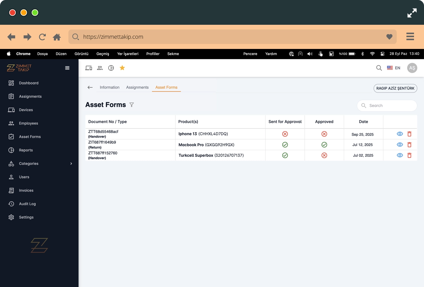employee asset form screen