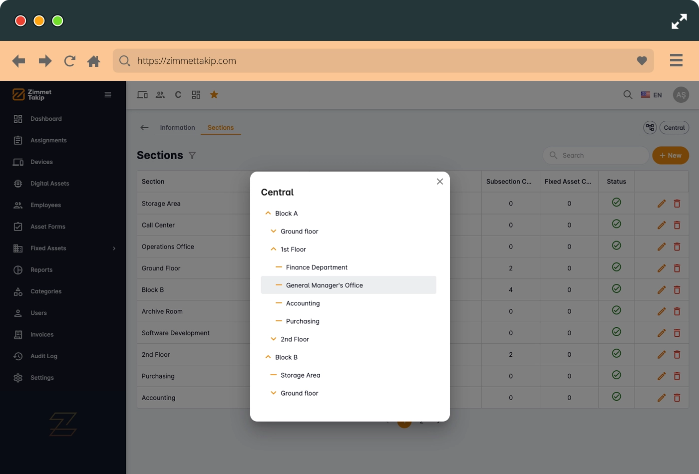 fixed asset location section tree